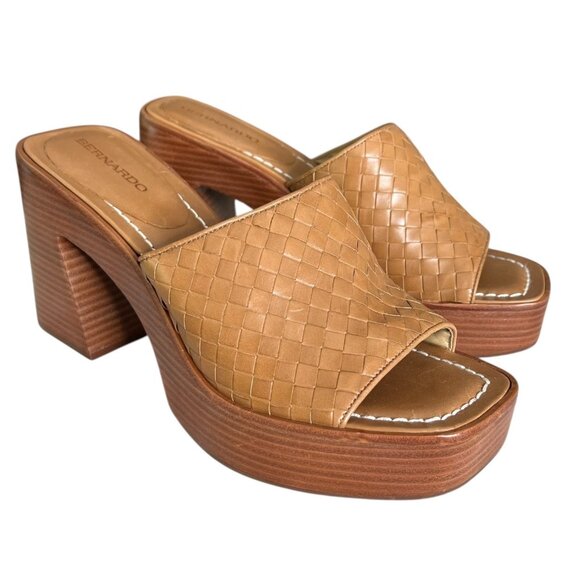 Bernardo Kenny Woven Leather Platform Mule Brown 10.5 Square Toe Block Heel Boho - Picture 1 of 13